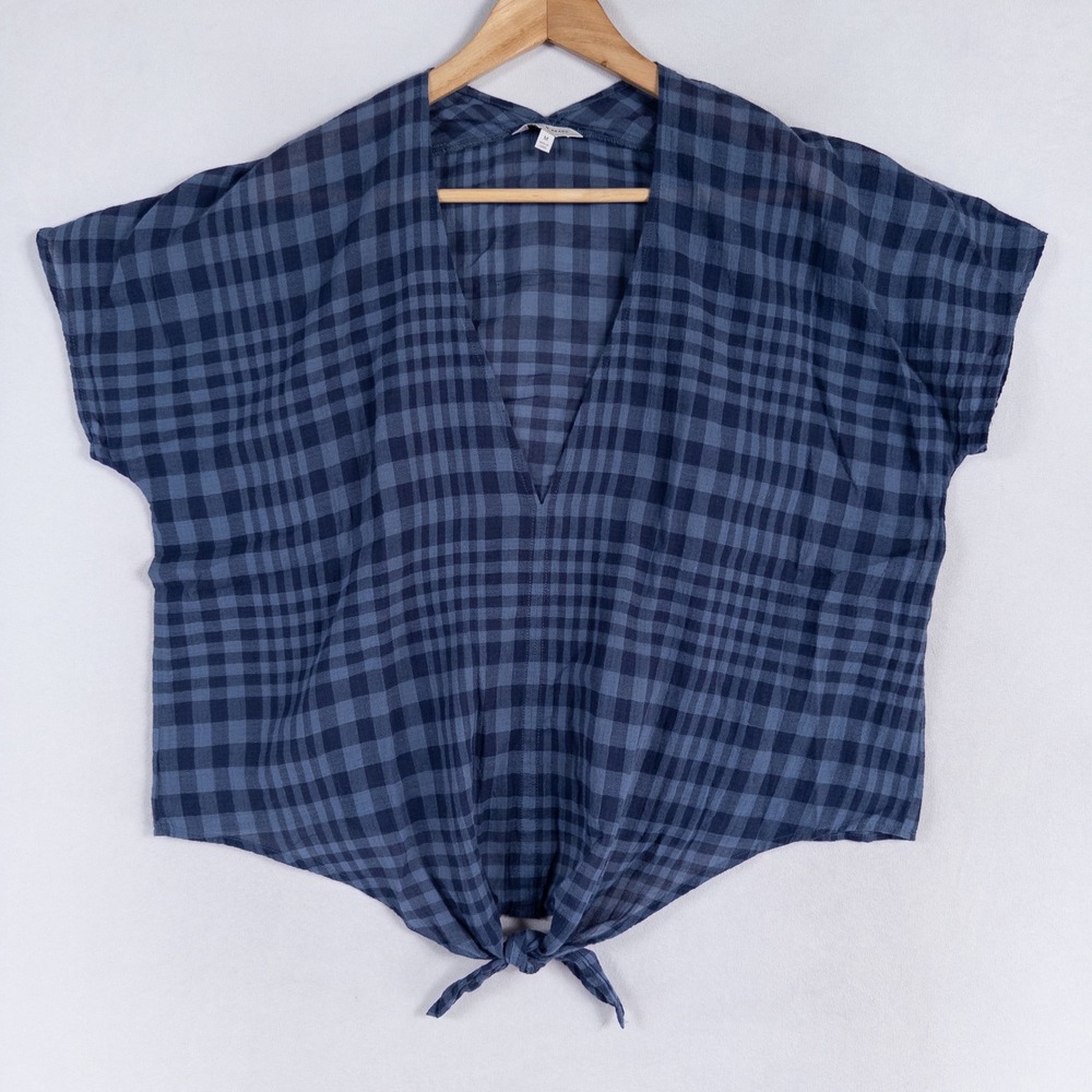 Lucky Brand Top Shirt Sz Medium Blue Plaid Knotted Hem Lightweight Boxy Casual